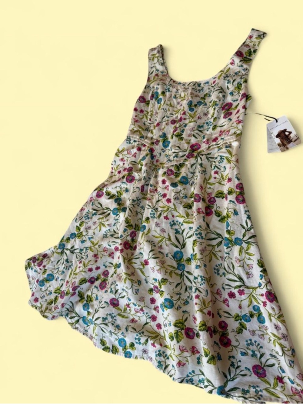 Sincerly Jules Cream Floral Sundress with Pink, Blue & in Green Accents
